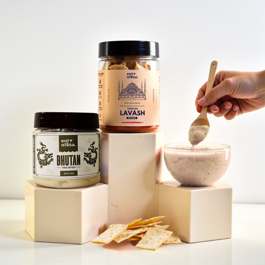 Bhutan's Ema Datshi (Cheesy + Spicy) Gourmet Dip With Baked Lavash Chips (Combo)