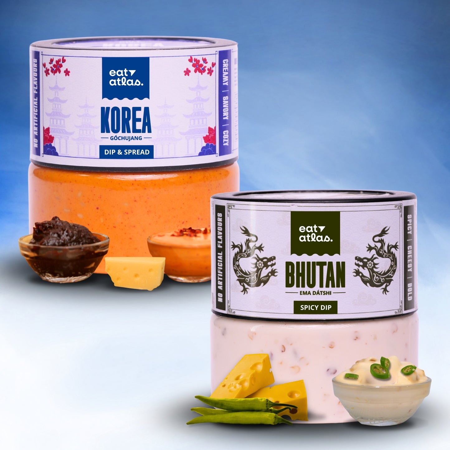 Bhutan x Korea Combo – Ema Datshi & Cheesy Gochujang (2 x 200g Gourmet Dips) (Limited Edition Chip-Free Dip Duo)