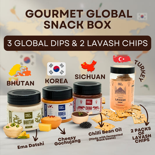 Global Party Mini-Snack Box – 3 International Dips + 2 Baked Lavash Chips