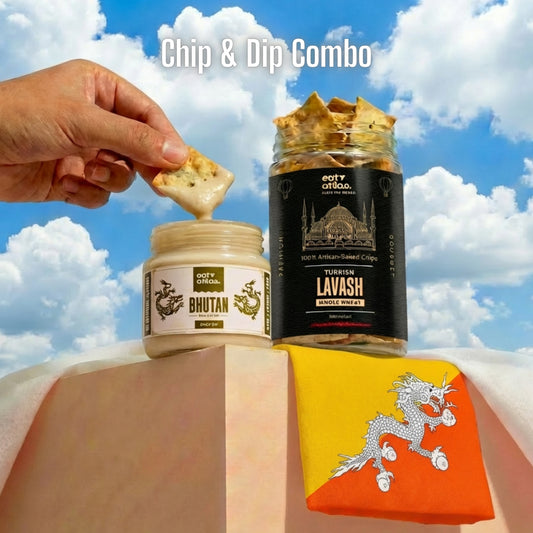 Bhutan's Ema Datshi (Cheesy + Spicy) Gourmet Dip With Baked Lavash Chips (Combo) (100+85gms)