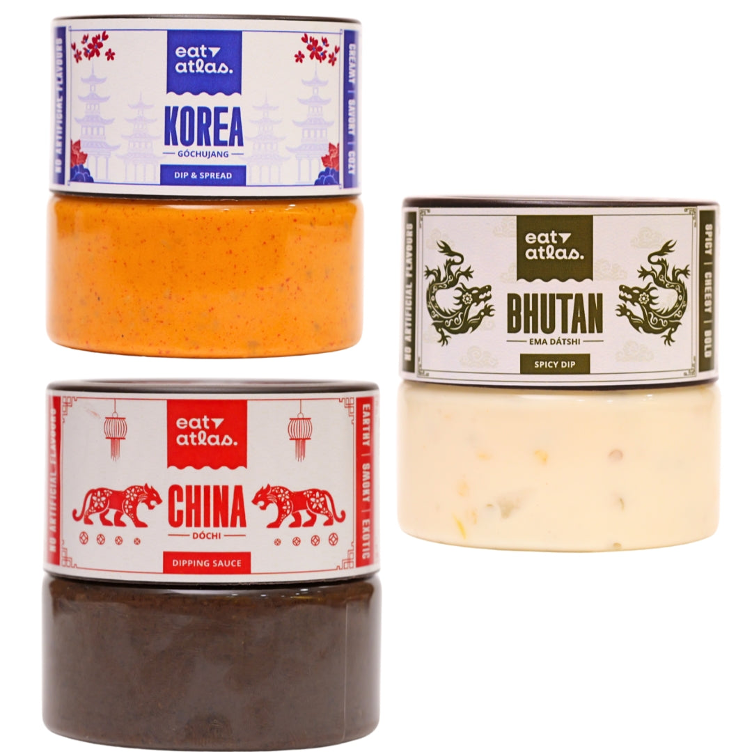 The Perfect Trio: Gochujang, Ema Datshi & Dochi | Korean Dip, Bhutanese Chilly Dip & China Black Bean Dip Combo | International flavors | Ready-to-Eat (Pack of 3) (200gm each)